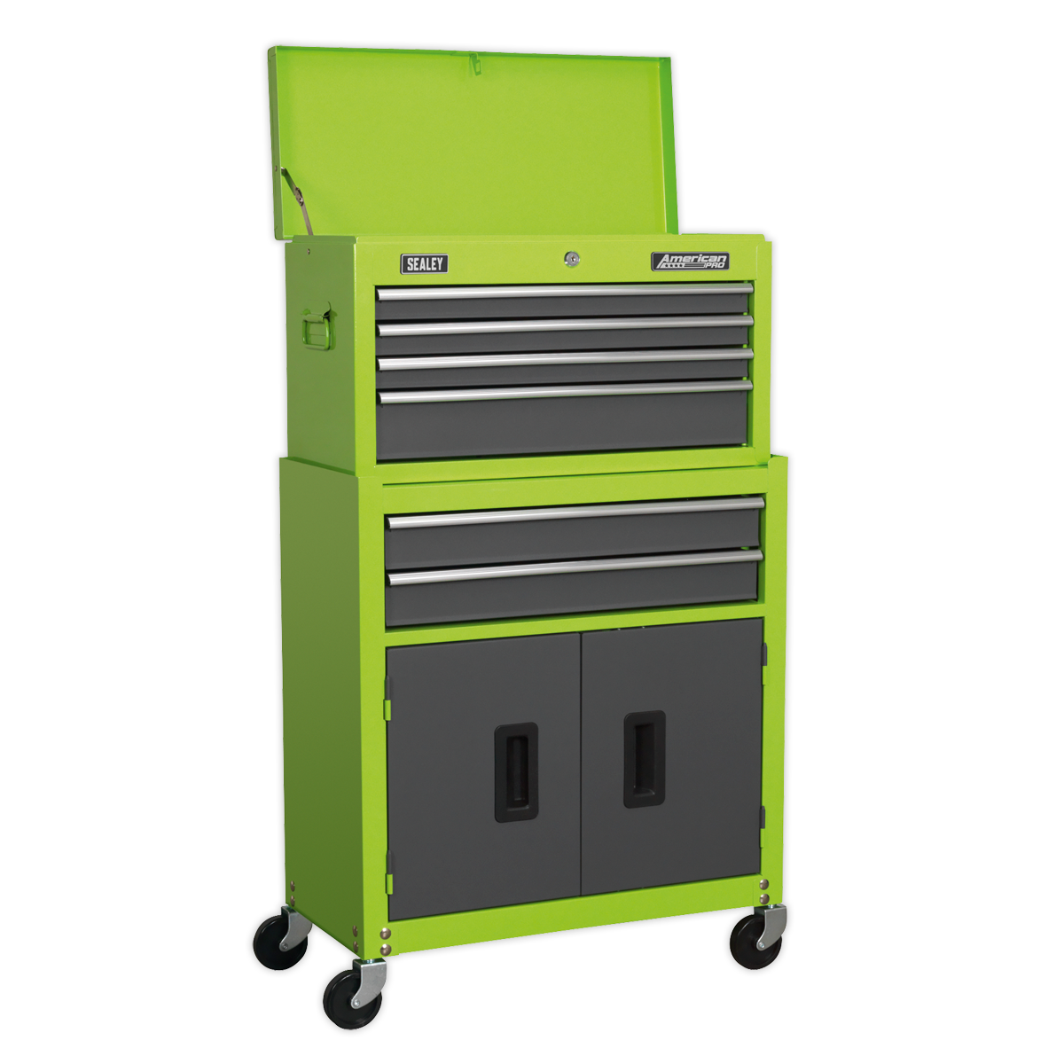 6 Drawer Topchest & Rollcab Combination with Ball-Bearing Slides - Hi-Vis Green/Grey & 170pc Tool Kit