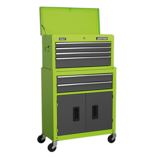 Topchest & Rollcab Combination 6 Drawer with Ball-Bearing Slides - Hi-Vis Green/Grey