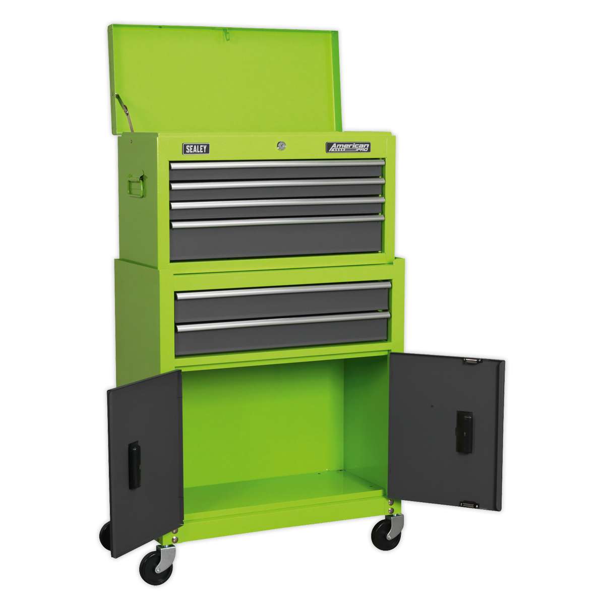 Topchest & Rollcab Combination 6 Drawer with Ball-Bearing Slides - Hi-Vis Green/Grey