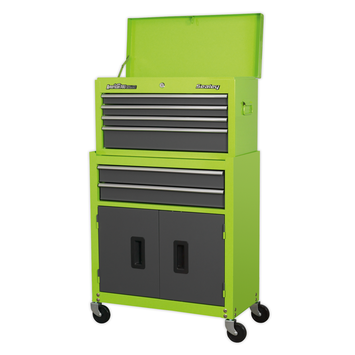 Topchest & Rollcab Combination 6 Drawer with Ball-Bearing Slides - Hi-Vis Green/Grey