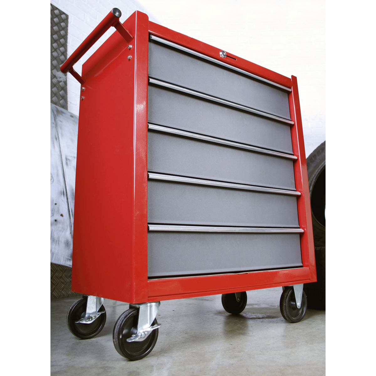 Rollcab 5 Drawer with Ball-Bearing Slides - Red/Grey