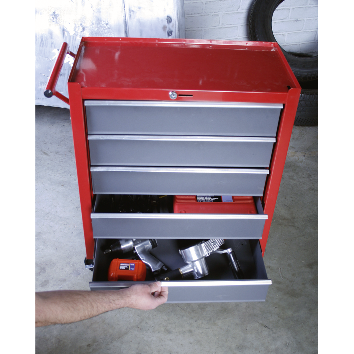 Rollcab 5 Drawer with Ball-Bearing Slides - Red/Grey