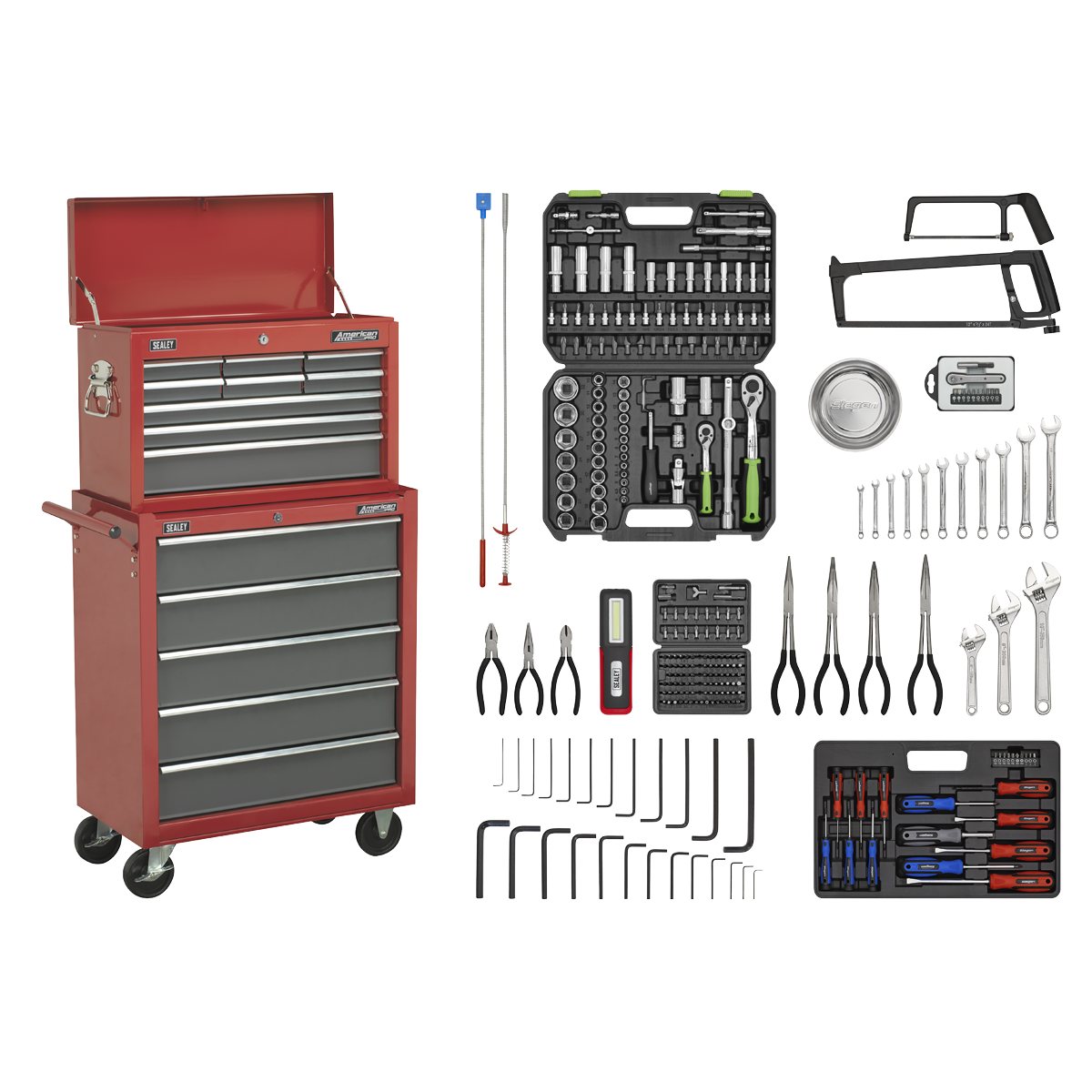 Topchest & Rollcab Combination 14 Drawer with Ball-Bearing Slides - Red/Grey & 281pc Tool Kit