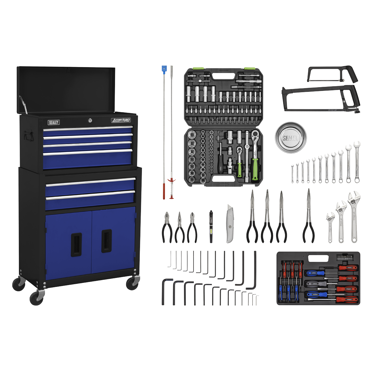 Topchest & Rollcab Combination 6 Drawer with Ball-Bearing Slides - Blue/Black & 170pc Tool Kit