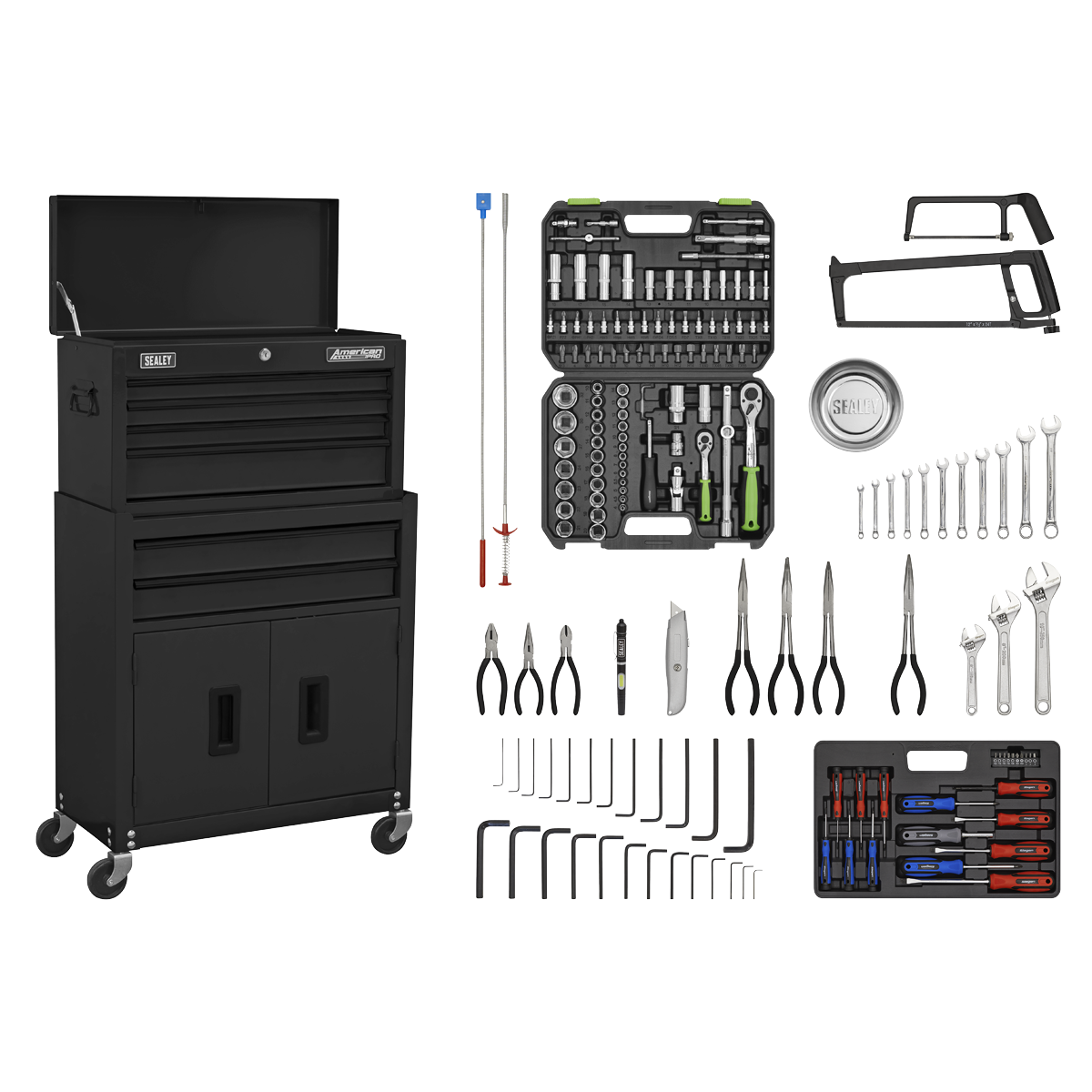 Topchest & Rollcab Combination 6 Drawer with Ball-Bearing Slides - Black & 170pc Tool Kit