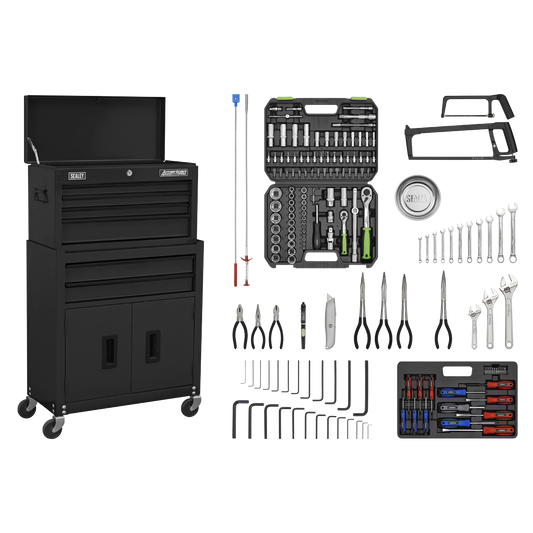 Topchest & Rollcab Combination 6 Drawer with Ball-Bearing Slides - Black & 170pc Tool Kit