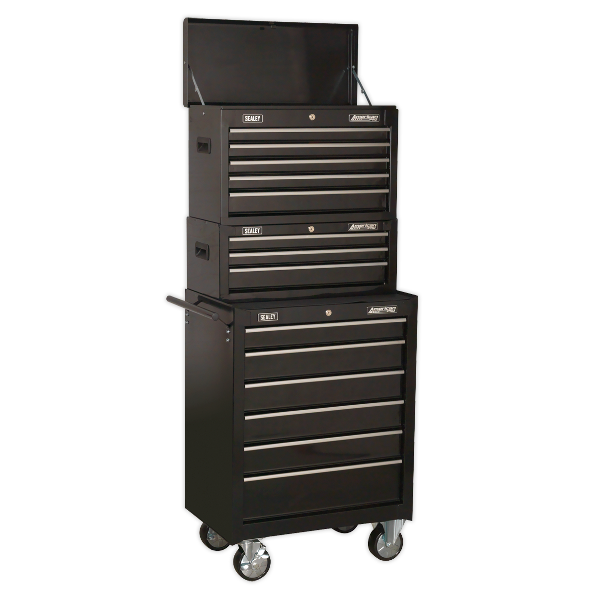 Topchest, Mid-Box & Rollcab 14 Drawer Stack - Black