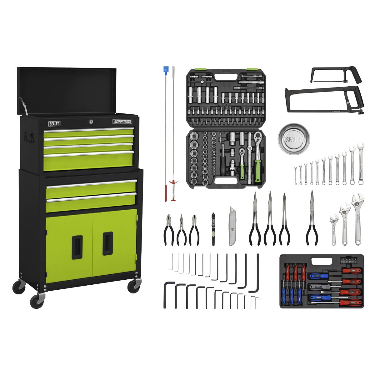 Topchest & Rollcab Combination 6 Drawer with Ball-Bearing Slides - Green/Black & 170pc Tool Kit