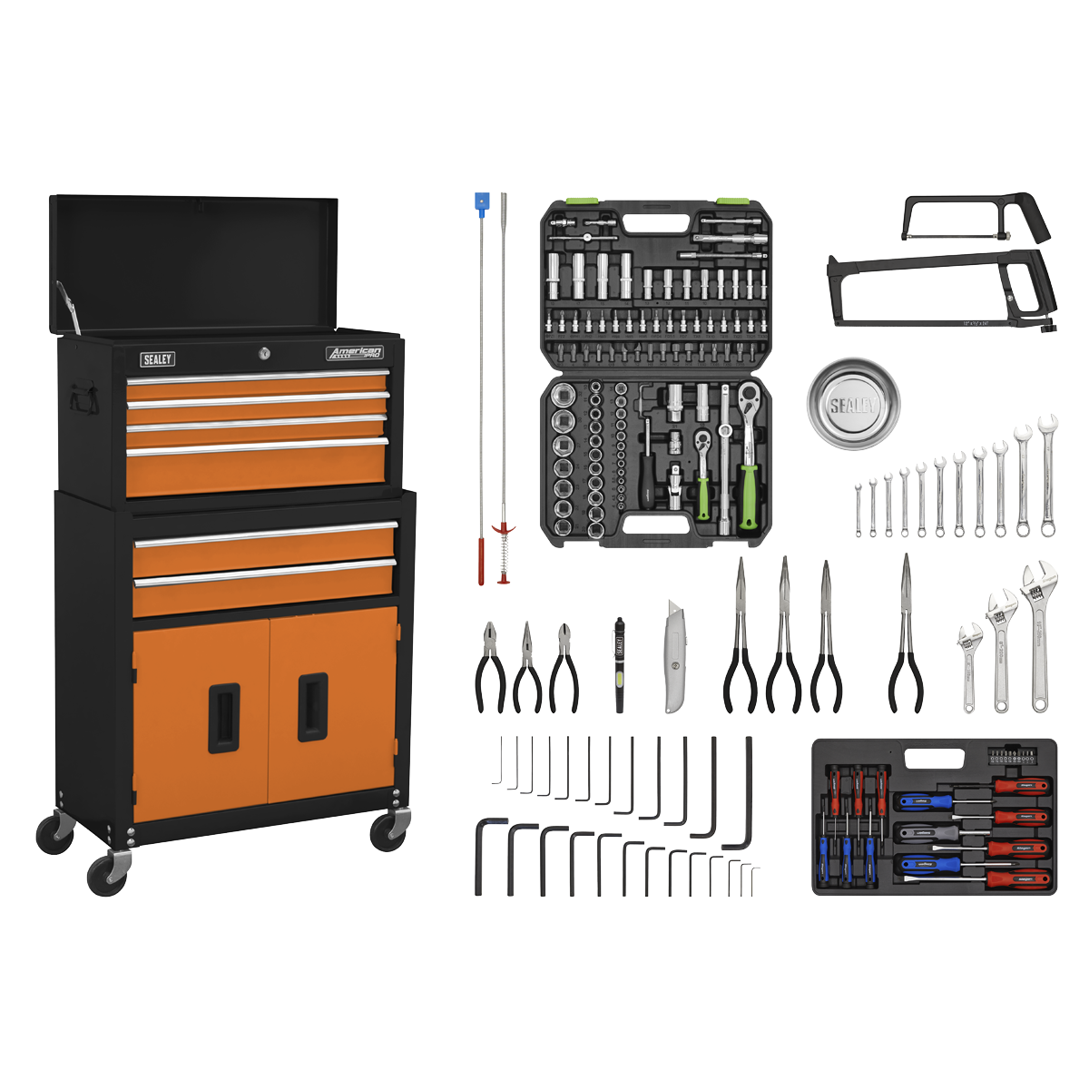 Topchest & Rollcab Combination 6 Drawer with Ball-Bearing Slides - Orange/Black & 170pc Tool Kit