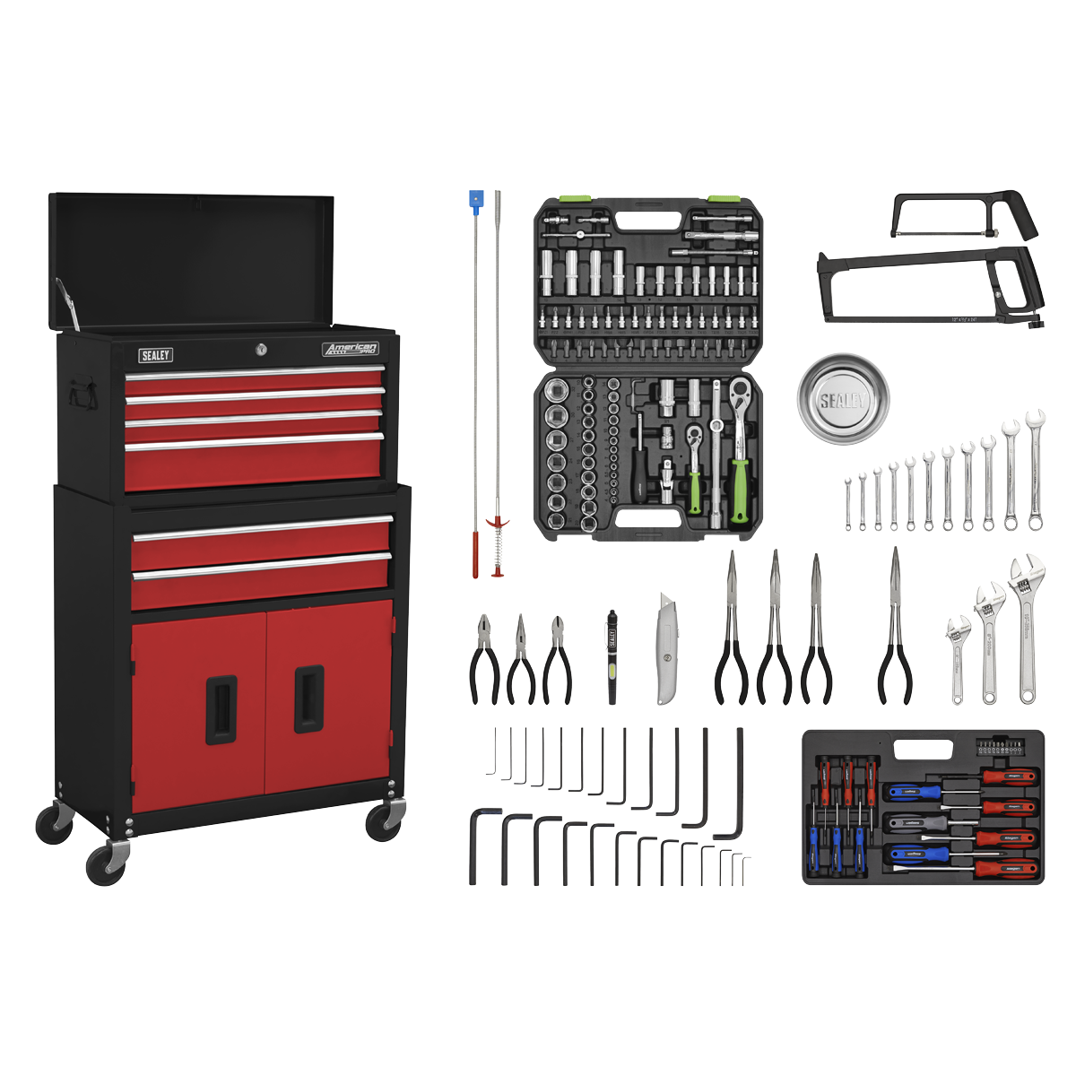 Topchest & Rollcab Combination 6 Drawer with Ball-Bearing Slides - Red/Black & 170pc Tool Kit