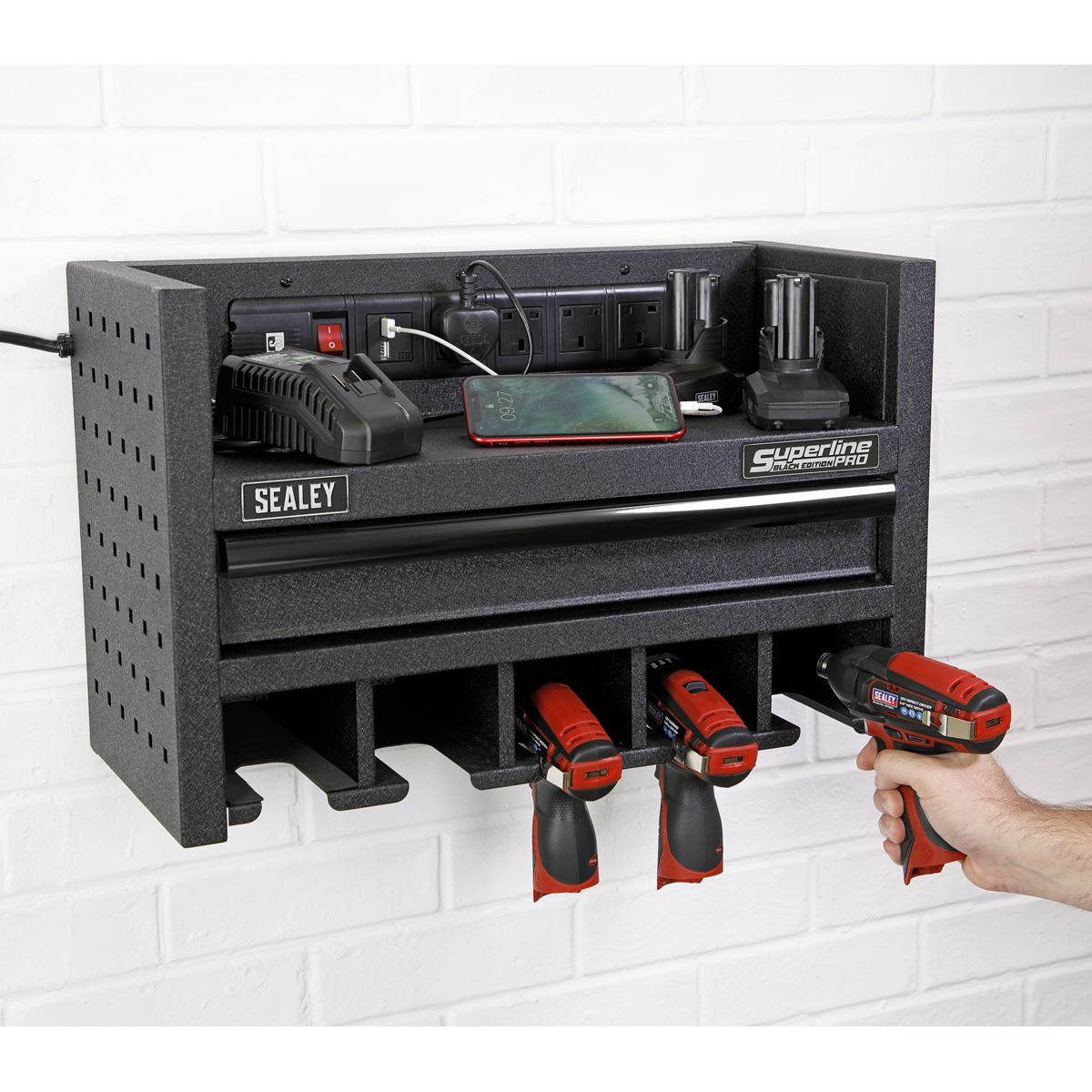 Power Tool Storage Rack with Drawer & Power Strip