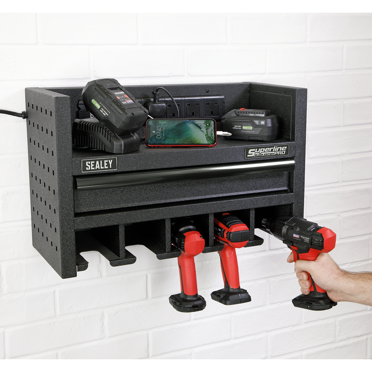 Power Tool Storage Rack with Drawer & Power Strip