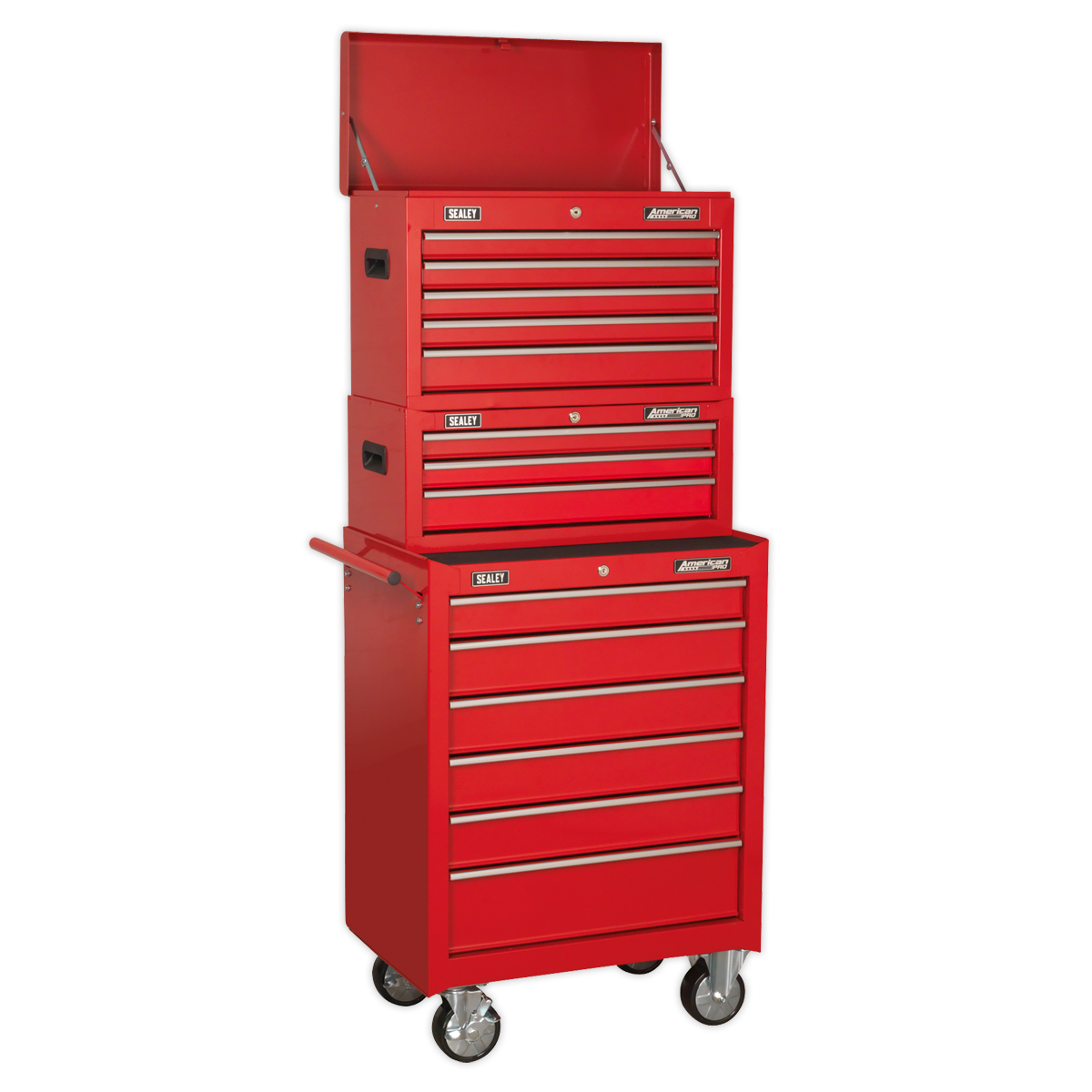 Topchest, Mid-Box & Rollcab 14 Drawer Stack - Red