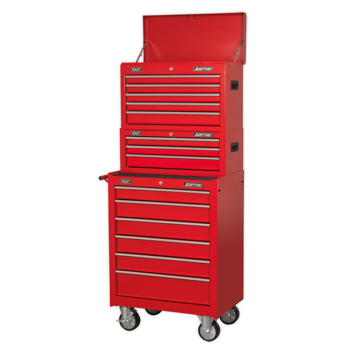 Topchest, Mid-Box & Rollcab 14 Drawer Stack - Red