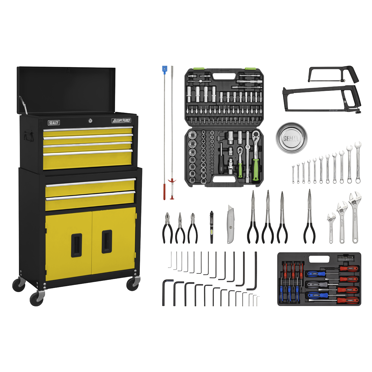 Topchest & Rollcab Combination 6 Drawer with Ball-Bearing Slides - Yellow/Black & 170pc Tool Kit