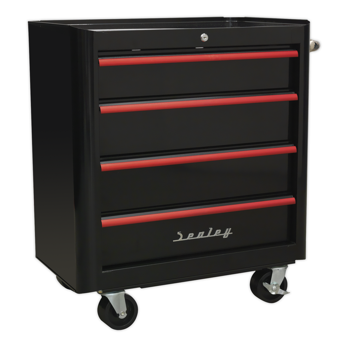 Rollcab 4 Drawer Retro Style- Black with Red Anodised Drawer Pulls