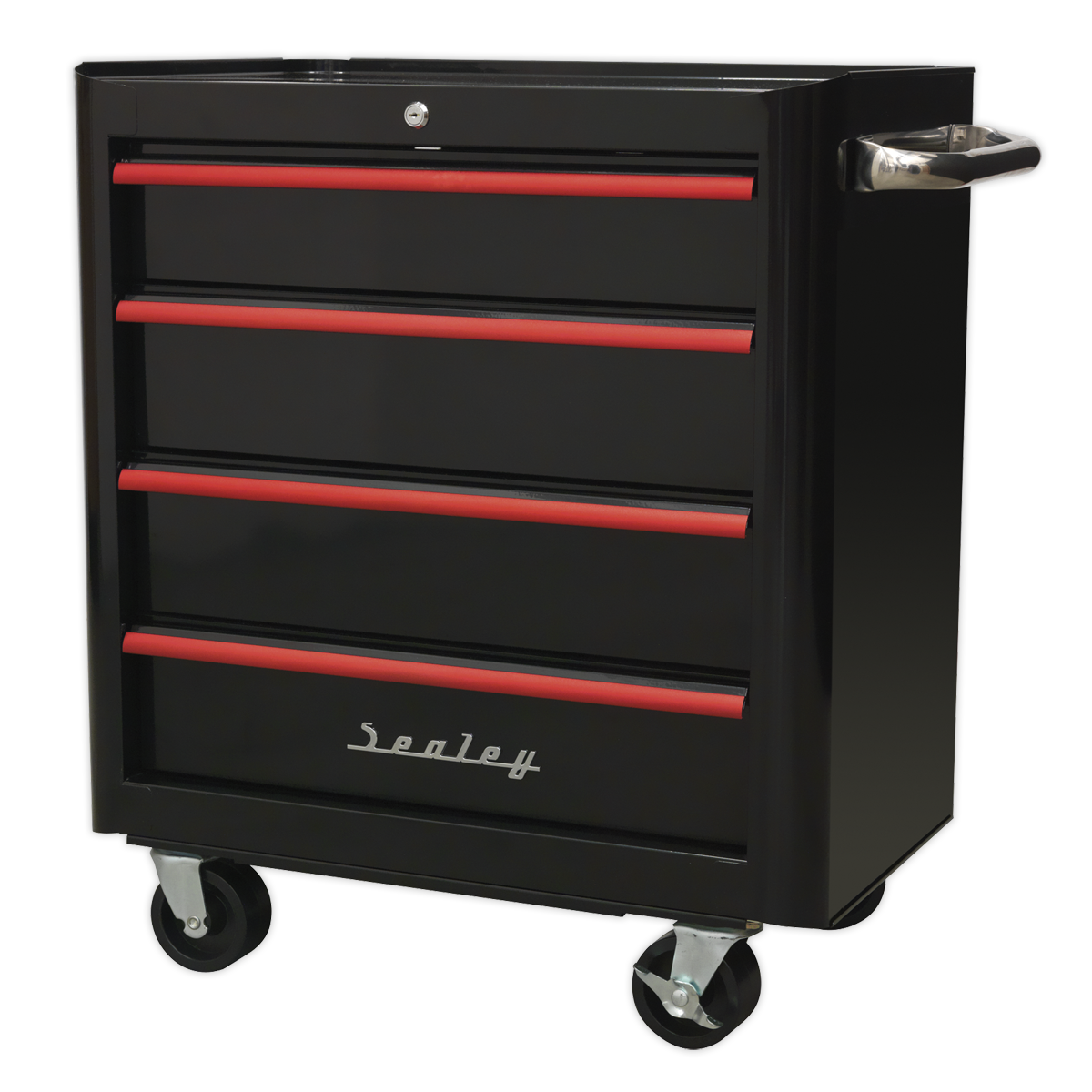 Rollcab 4 Drawer Retro Style- Black with Red Anodised Drawer Pulls