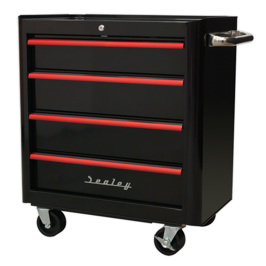 Rollcab 4 Drawer Retro Style- Black with Red Anodised Drawer Pulls