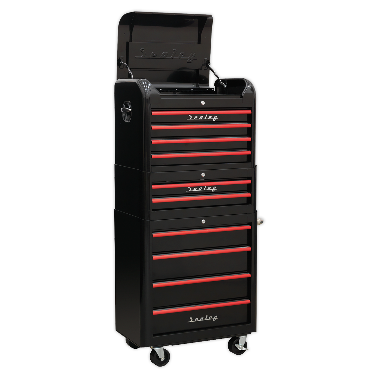 Retro Style Topchest, Mid-Box & Rollcab Combination 10 Drawer - Black with Red Anodised Drawer Pulls