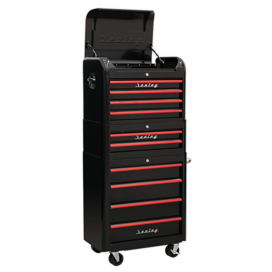 Retro Style Topchest, Mid-Box & Rollcab Combination 10 Drawer - Black with Red Anodised Drawer Pulls