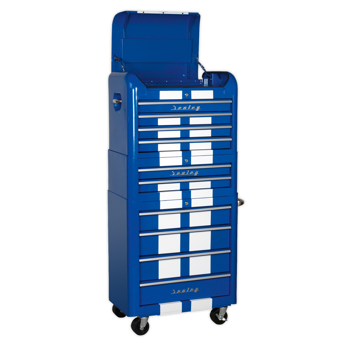 Retro Style Topchest, Mid-Box & Rollcab Combination 10 Drawer Blue/White Stripes