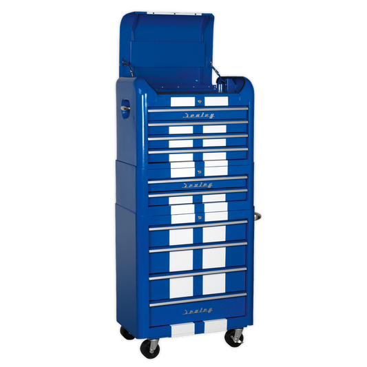 Retro Style Topchest, Mid-Box & Rollcab Combination 10 Drawer Blue/White Stripes