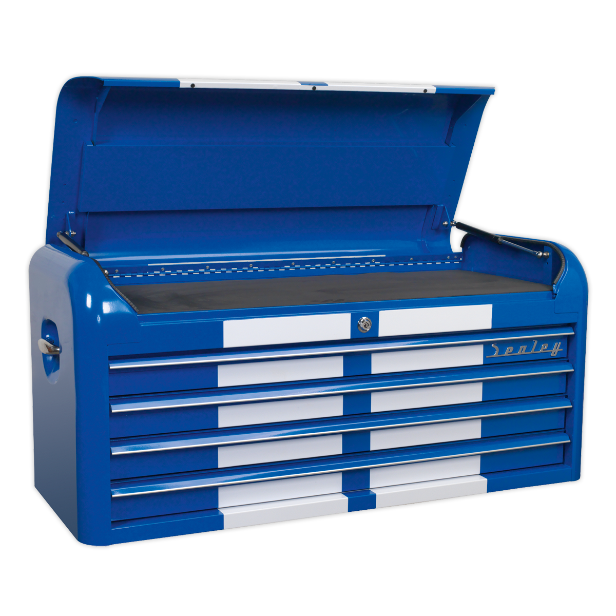 Retro Style Wide Topchest & Rollcab Combination 10 Drawer Blue/White Stripes