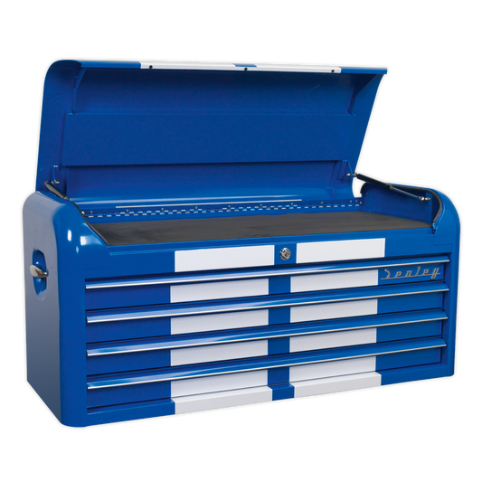 Retro Style Wide Topchest & Rollcab Combination 10 Drawer Blue/White Stripes