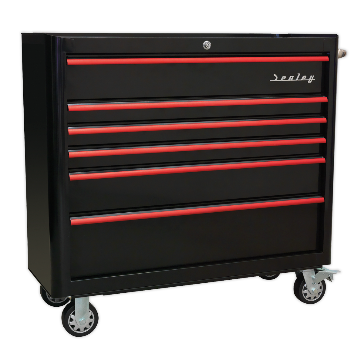 Rollcab 6 Drawer Wide Retro Style - Black with Red Anodised Drawer Pulls