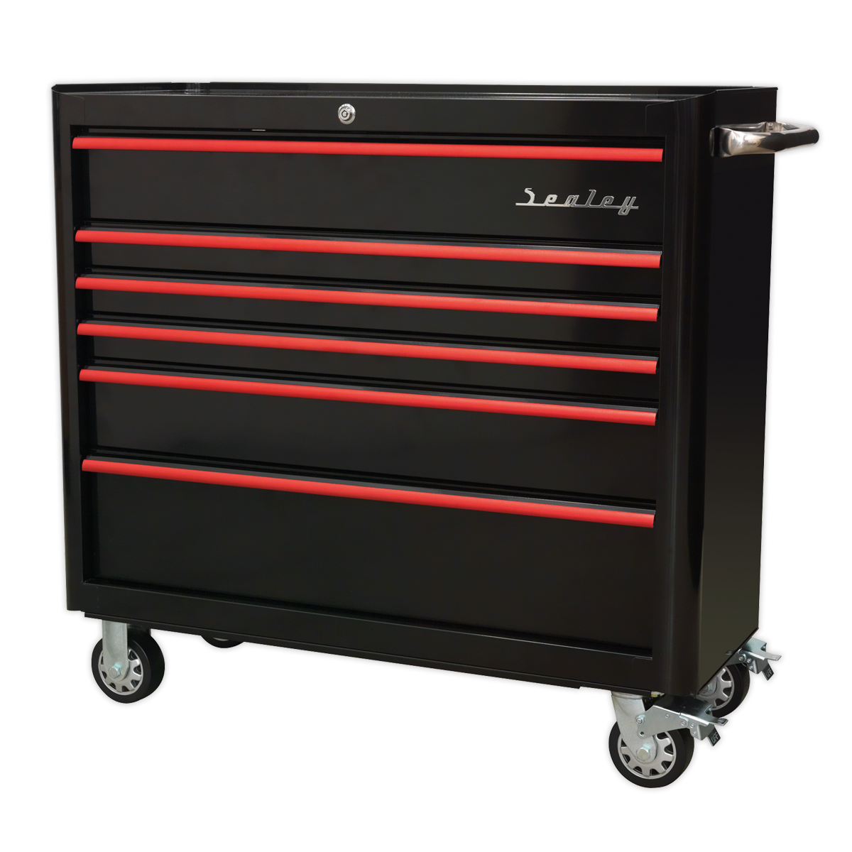 Rollcab 6 Drawer Wide Retro Style - Black with Red Anodised Drawer Pulls