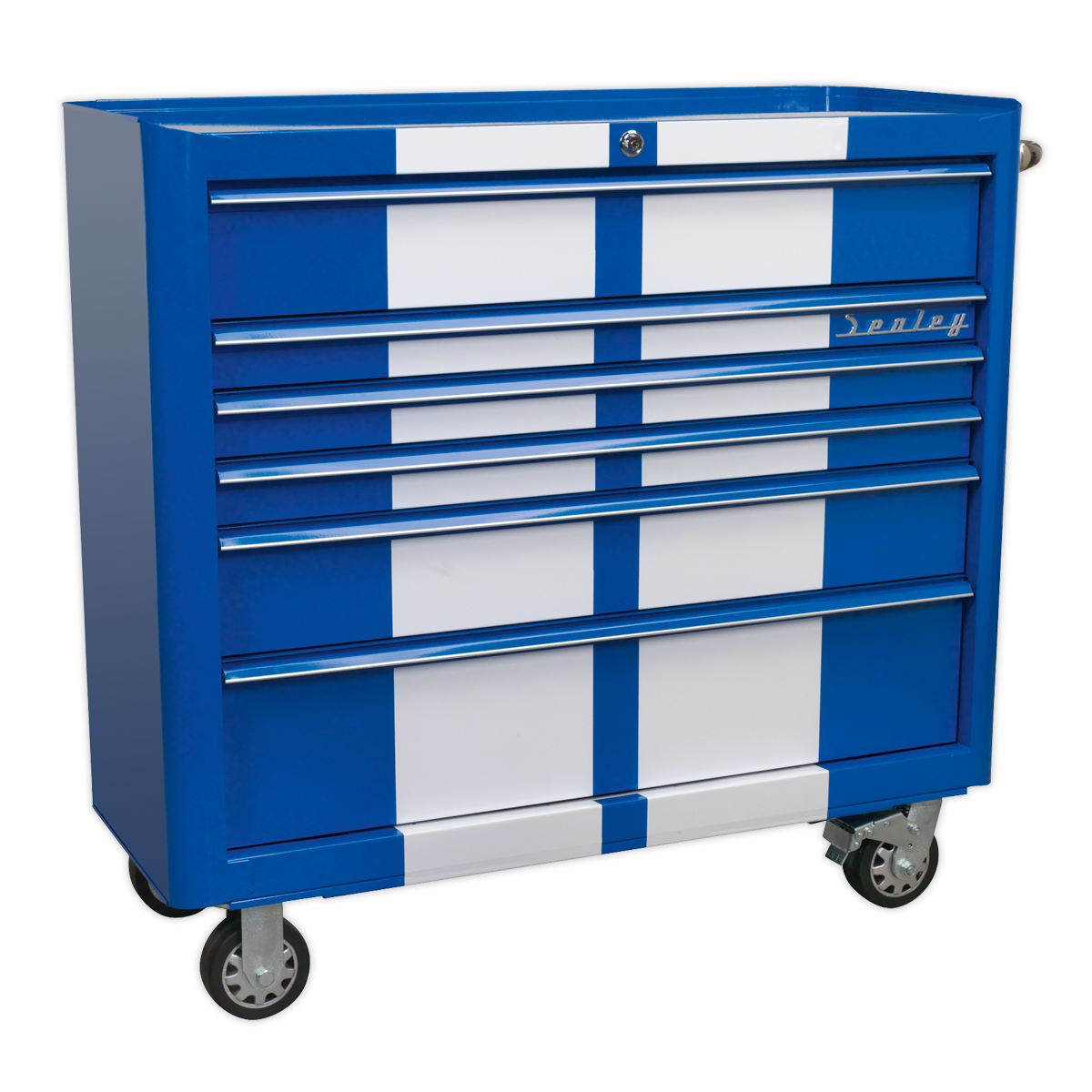 Retro Style Wide Topchest & Rollcab Combination 10 Drawer Blue/White Stripes