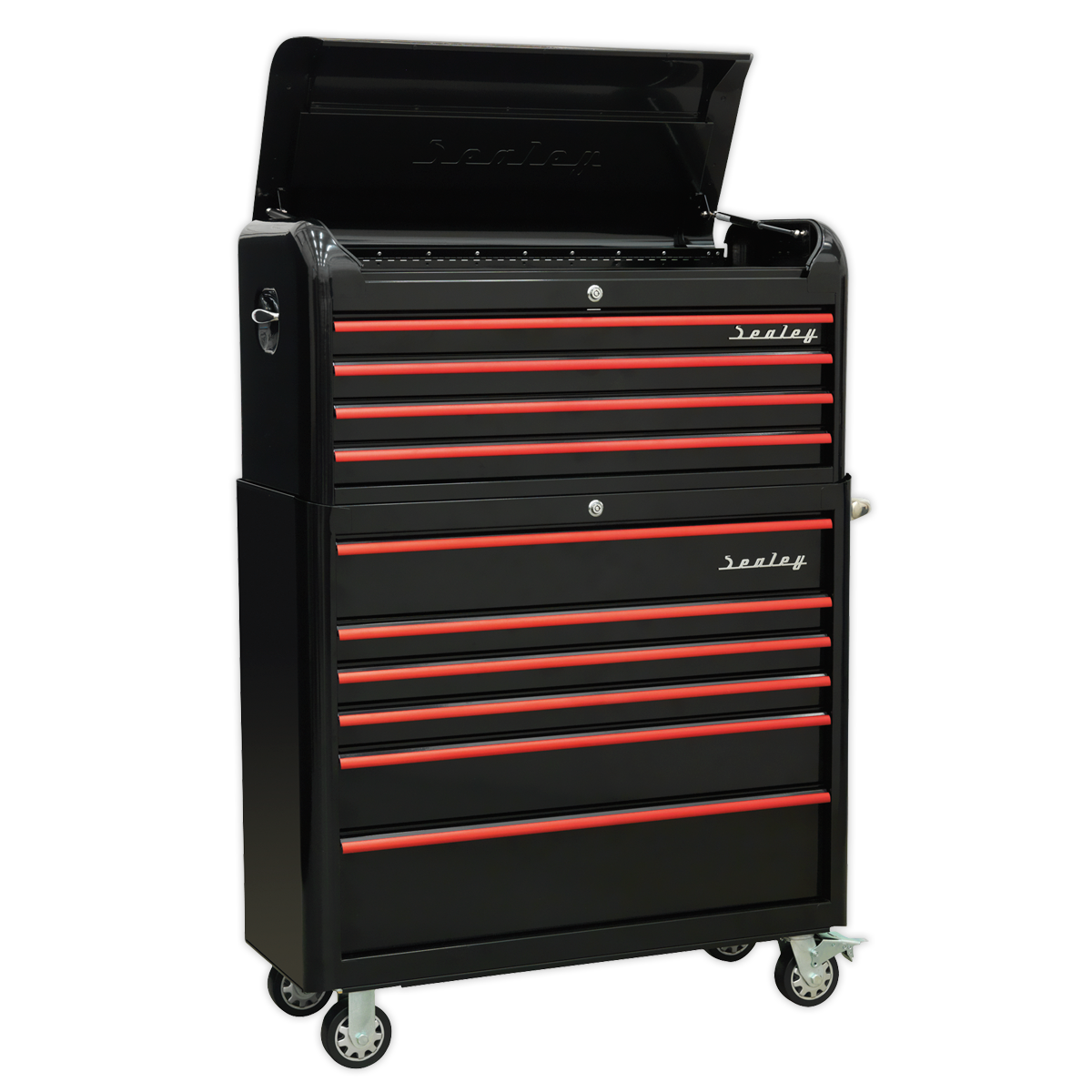 Retro Style Wide Topchest & Rollcab Combination 10 Drawer-Black with Red Anodised Drawer Pull