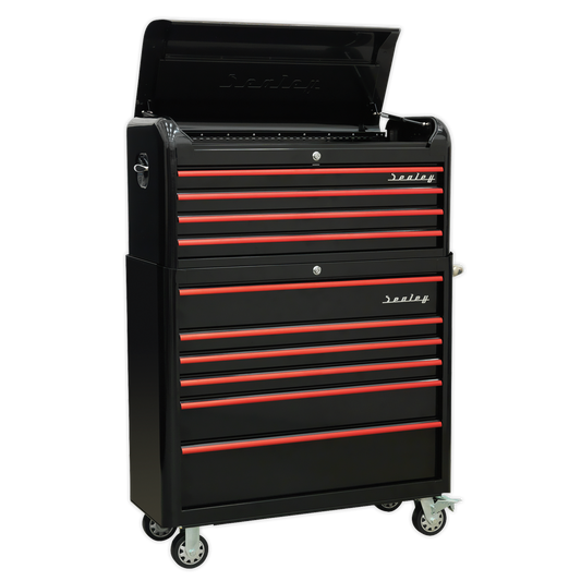 Retro Style Wide Topchest & Rollcab Combination 10 Drawer-Black with Red Anodised Drawer Pull