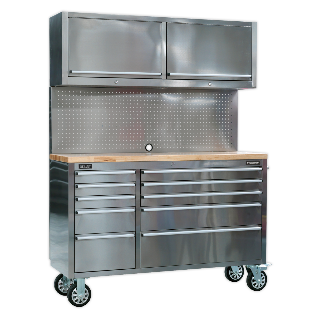 Mobile Stainless Steel Tool Cabinet 10 Drawer with Backboard & 2 Wall Cupboards