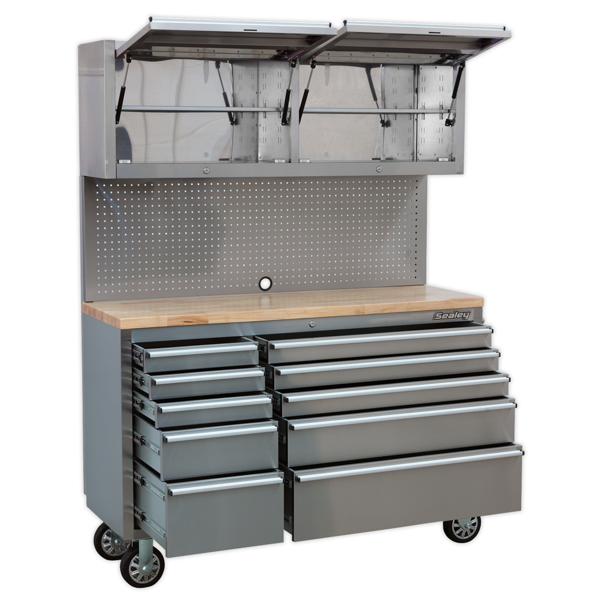 Mobile Stainless Steel Tool Cabinet 10 Drawer with Backboard & 2 Wall Cupboards