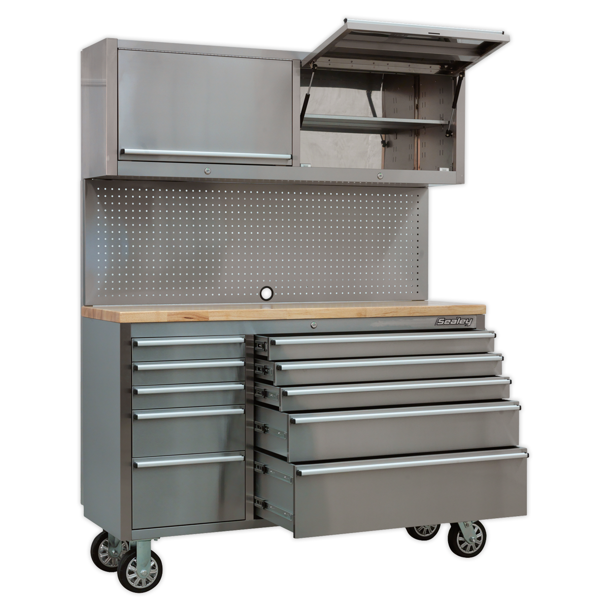 Mobile Stainless Steel Tool Cabinet 10 Drawer with Backboard & 2 Wall Cupboards