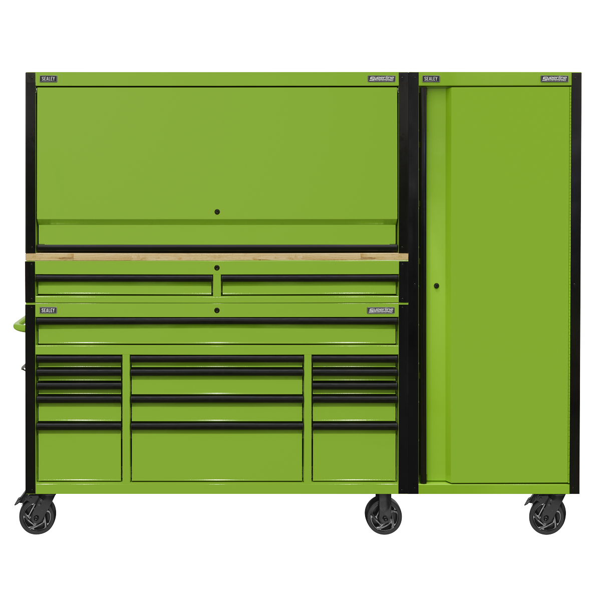 15 Drawer 1549mm Mobile Trolley with Wooden Worktop, Hutch, 2 Drawer Riser & Side Locker
