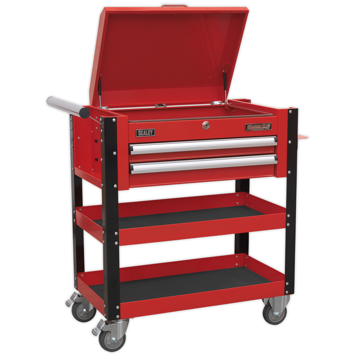 Heavy-Duty Mobile Tool & Parts Trolley 2 Drawers & Lockable Top - Red