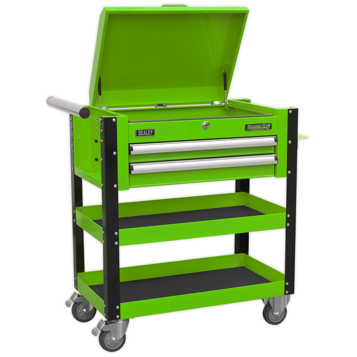 Heavy-Duty Mobile Tool & Parts Trolley 2 Drawers & Lockable Top - Green