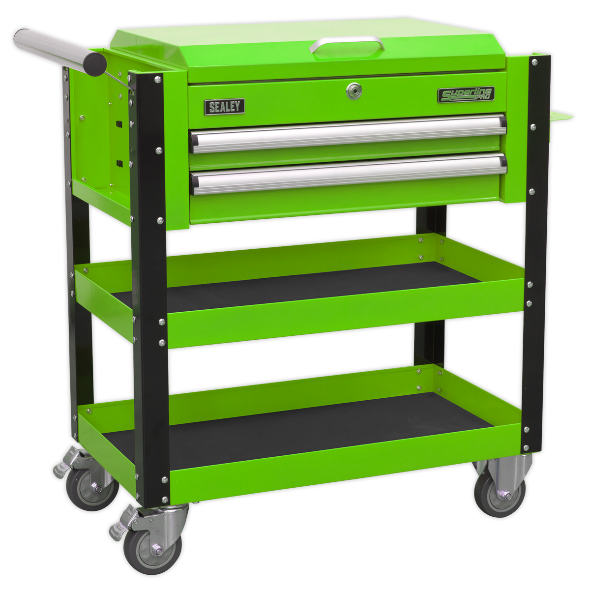 Heavy-Duty Mobile Tool & Parts Trolley 2 Drawers & Lockable Top - Green