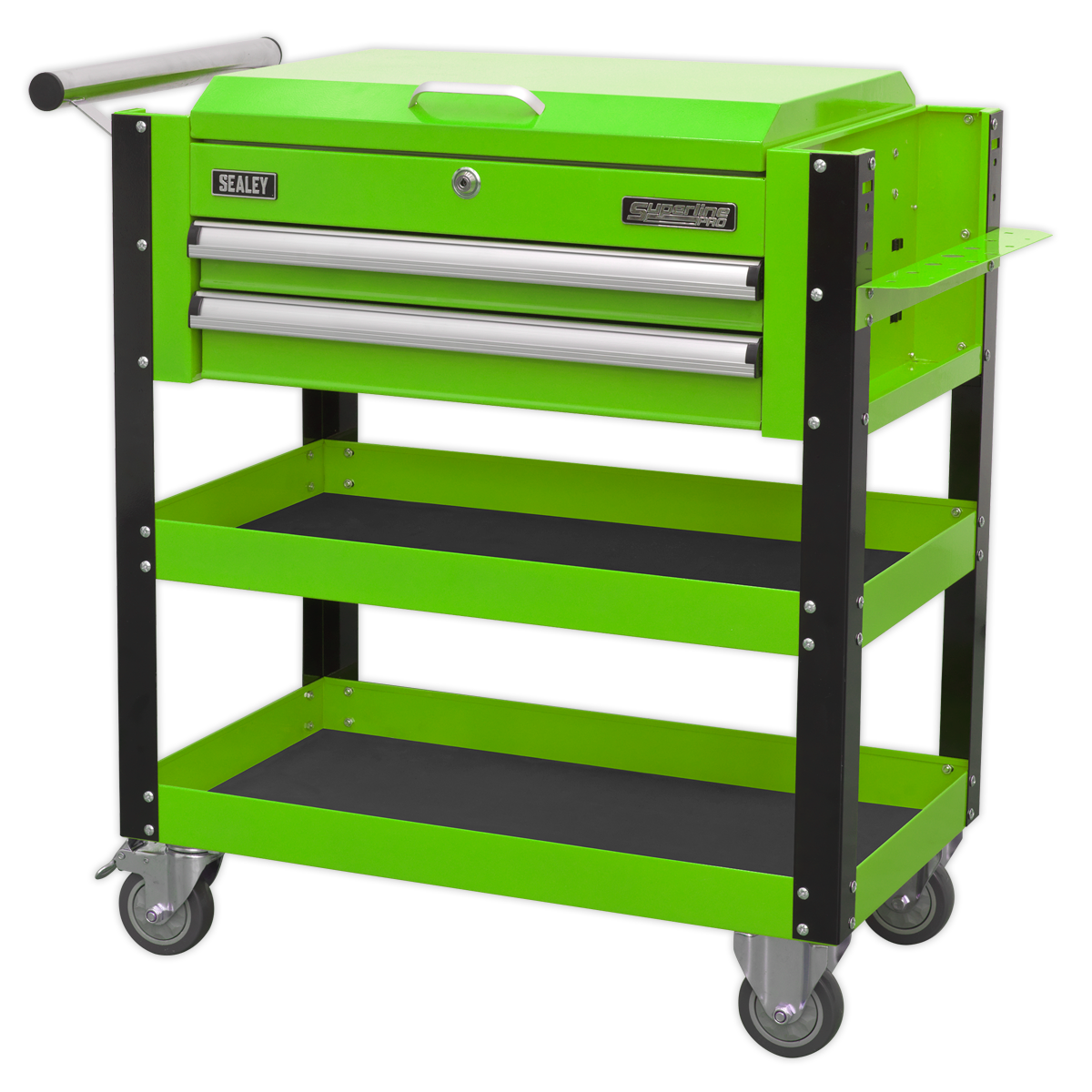 Heavy-Duty Mobile Tool & Parts Trolley 2 Drawers & Lockable Top - Green