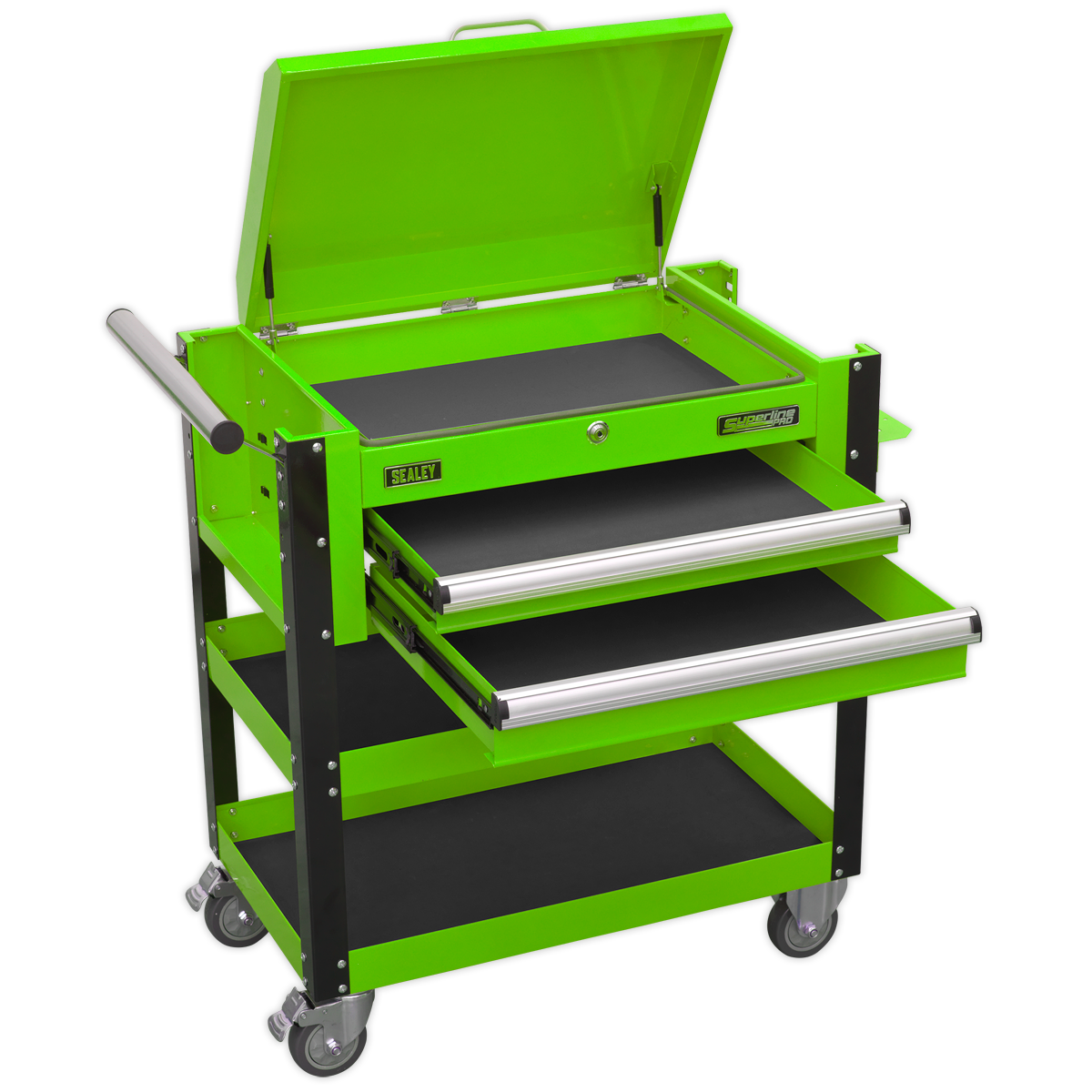 Heavy-Duty Mobile Tool & Parts Trolley 2 Drawers & Lockable Top - Green