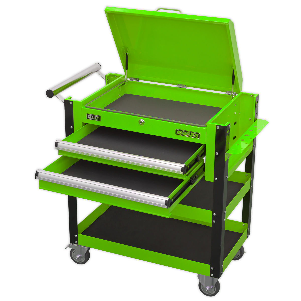 Heavy-Duty Mobile Tool & Parts Trolley 2 Drawers & Lockable Top - Green