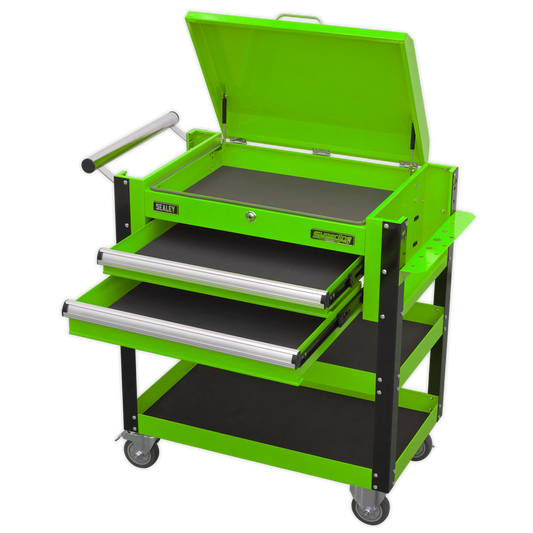 Heavy-Duty Mobile Tool & Parts Trolley 2 Drawers & Lockable Top - Green