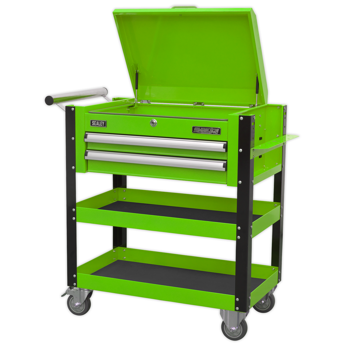 Heavy-Duty Mobile Tool & Parts Trolley 2 Drawers & Lockable Top - Green