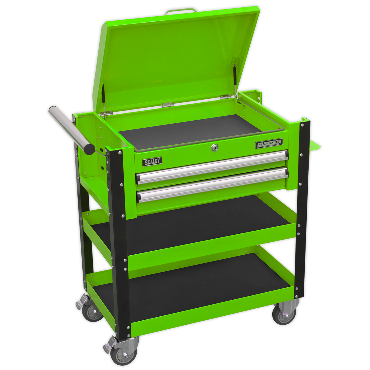 Heavy-Duty Mobile Tool & Parts Trolley 2 Drawers & Lockable Top - Green