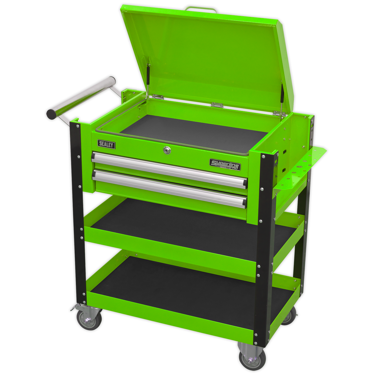 Heavy-Duty Mobile Tool & Parts Trolley 2 Drawers & Lockable Top - Green