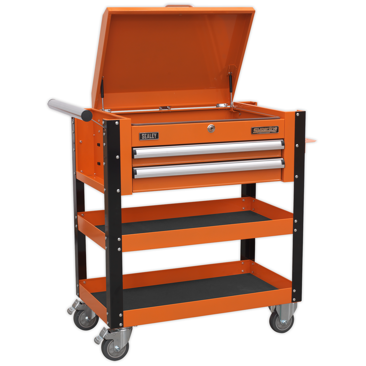 Heavy-Duty Mobile Tool & Parts Trolley 2 Drawers & Lockable Top - Orange