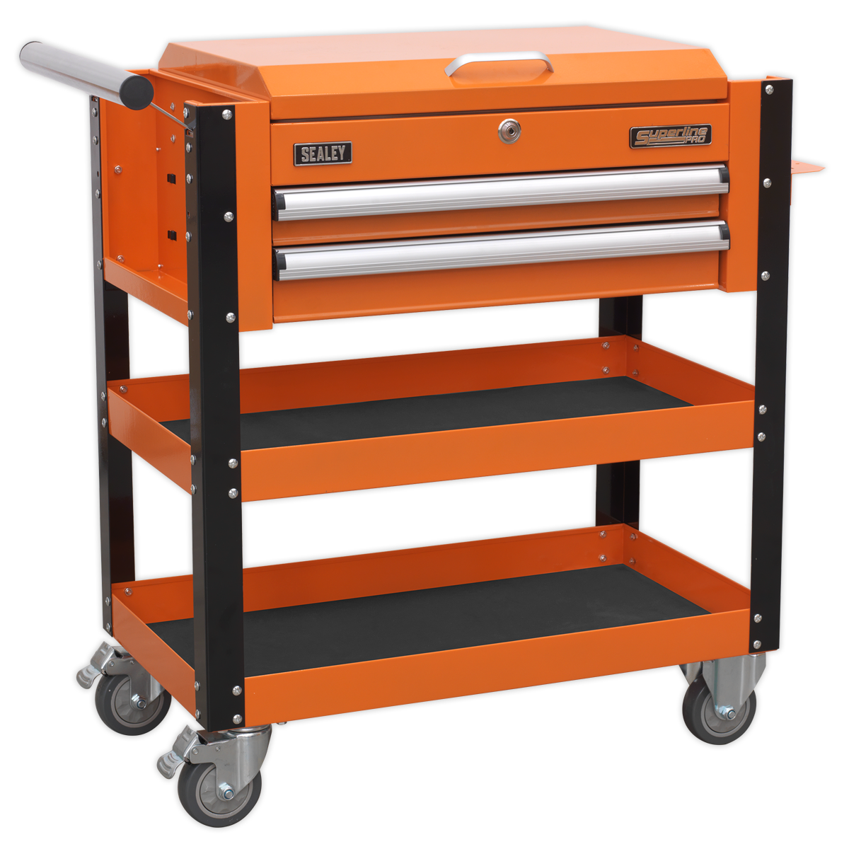 Heavy-Duty Mobile Tool & Parts Trolley 2 Drawers & Lockable Top - Orange