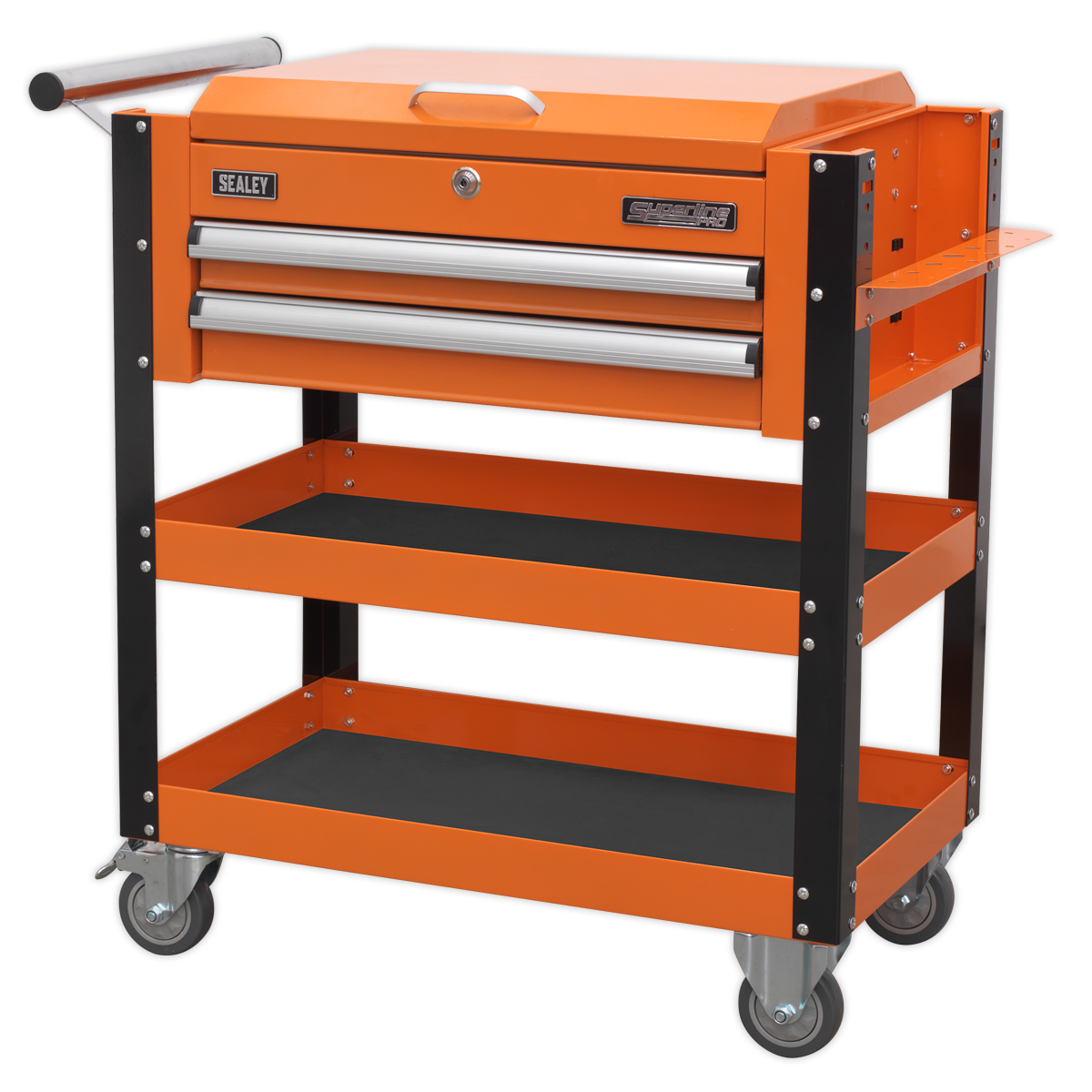 Heavy-Duty Mobile Tool & Parts Trolley 2 Drawers & Lockable Top - Orange